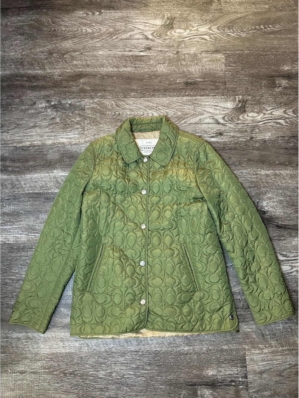 Coach Women’s Quilted Jacket Olive Green Signature C Lightweight Size Medium